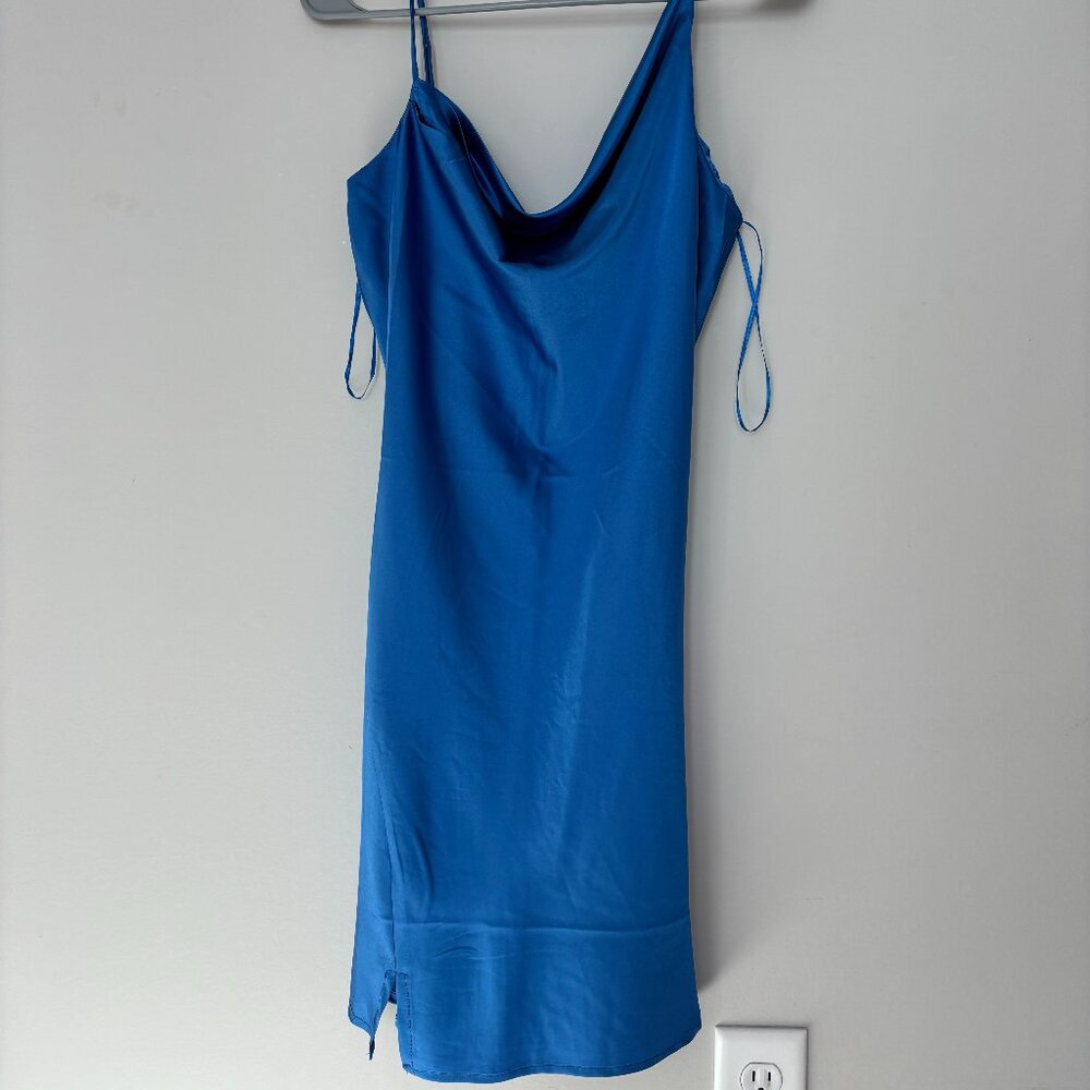 Sleeveless Blue Satin Dress With a Cowl Neck